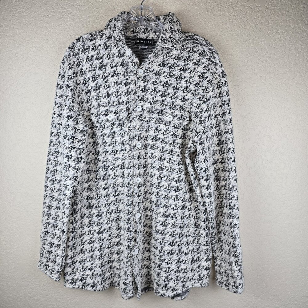 KINETIC Shacket Shirt Jacket‎ S Small Black White Houndstooth Textured 100% Poly